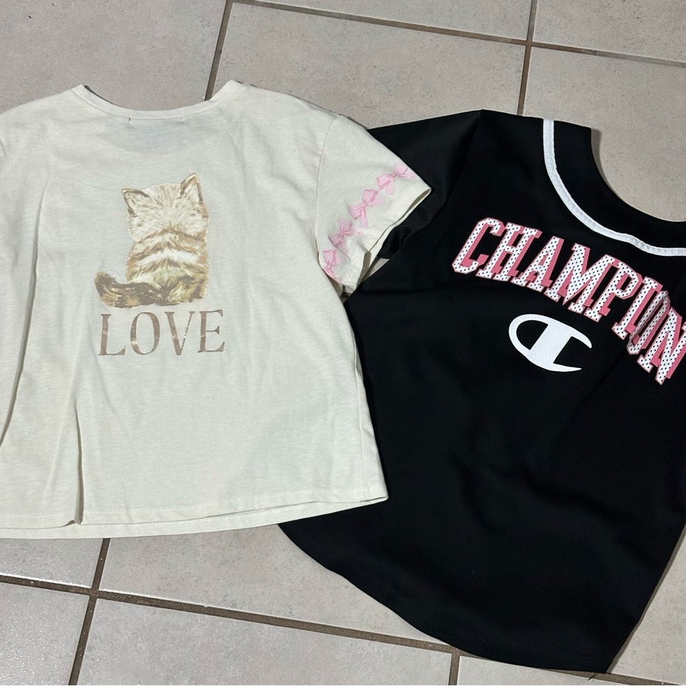 Champion & Kandy Kiss Kids Girl Cat Print Cream T-Shirt and Black Baseball Tee M - Picture 6 of 7